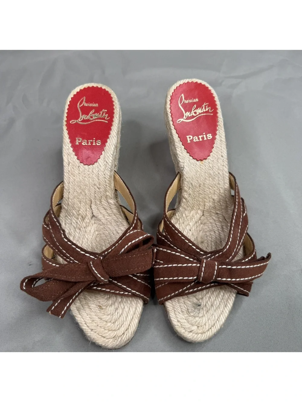 Christian Louboutin Womens 37 EU Brown Leather Espadrille Wedge Sandals